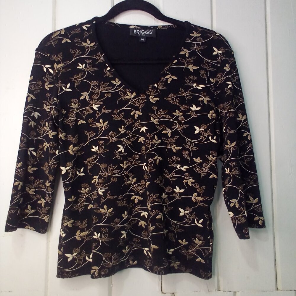 Briggs Shirt Blouse PM Petite M 3/4 Sleeve Soft Stretch Pattern Black Tan